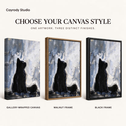 quiet black kitten canvas art compared across gallery-wrapped canvas, walnut frame, and black frame finishes.