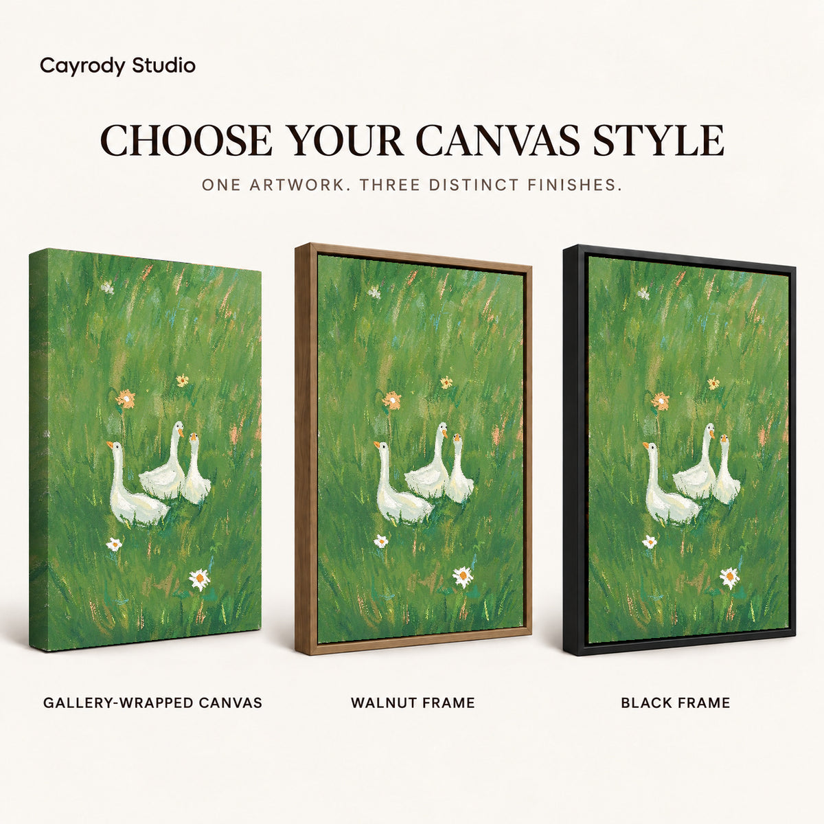meadow goose trio canvas art compared across gallery-wrapped canvas, walnut frame, and black frame finishes.
