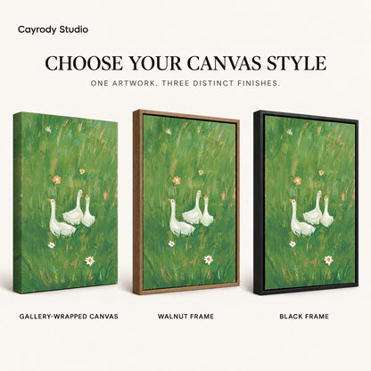 meadow goose trio canvas art compared across gallery-wrapped canvas, walnut frame, and black frame finishes.