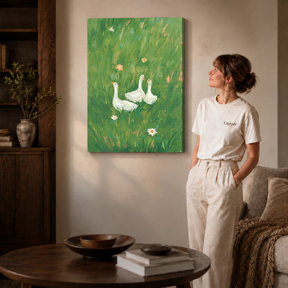 meadow goose trio canvas art shown in the gallery-wrapped option with visible depth and warm surroundings.