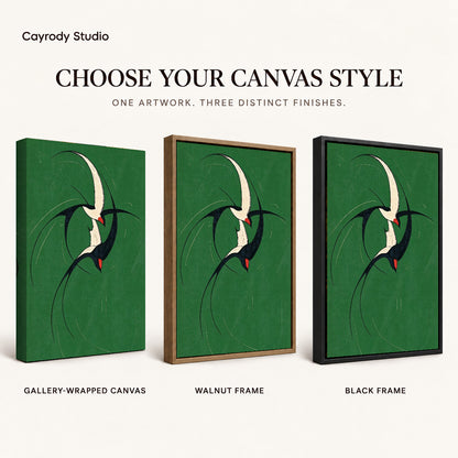 graceful swallow pair canvas art compared across gallery-wrapped canvas, walnut frame, and black frame finishes.