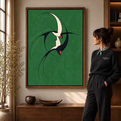 graceful swallow pair canvas art shown in the walnut frame option within a warm living room.