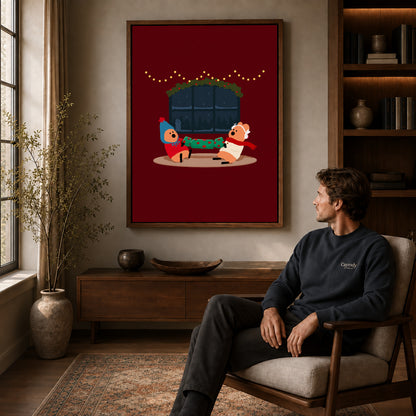 christmas cracker friends canvas art in a walnut frame above a console beside a seated man.