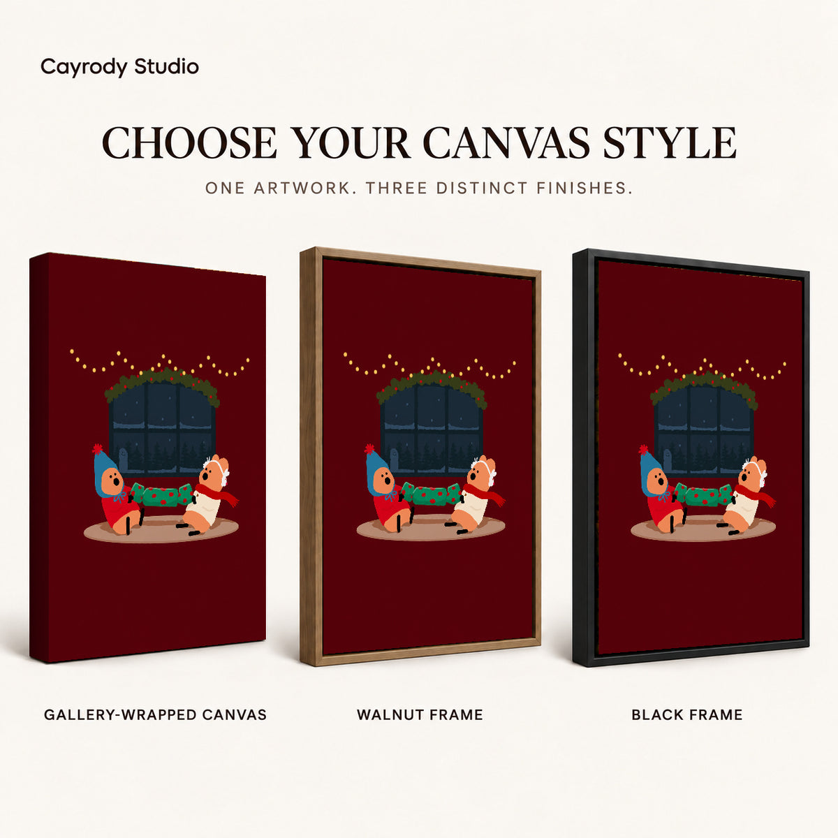 christmas cracker friends canvas art compared across gallery-wrapped canvas, walnut frame, and black frame finishes.