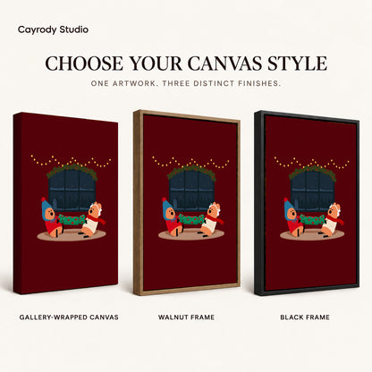 christmas cracker friends canvas art compared across gallery-wrapped canvas, walnut frame, and black frame finishes.