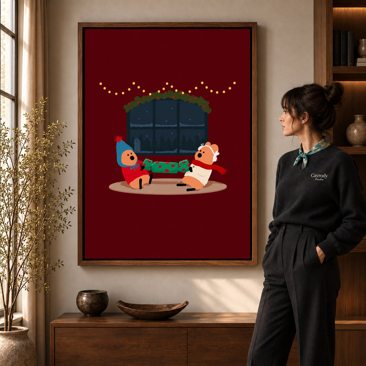 christmas cracker friends canvas art shown in the walnut frame option within a warm living room.