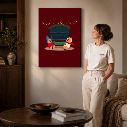 christmas cracker friends canvas art shown in the gallery-wrapped option with visible depth and warm surroundings.