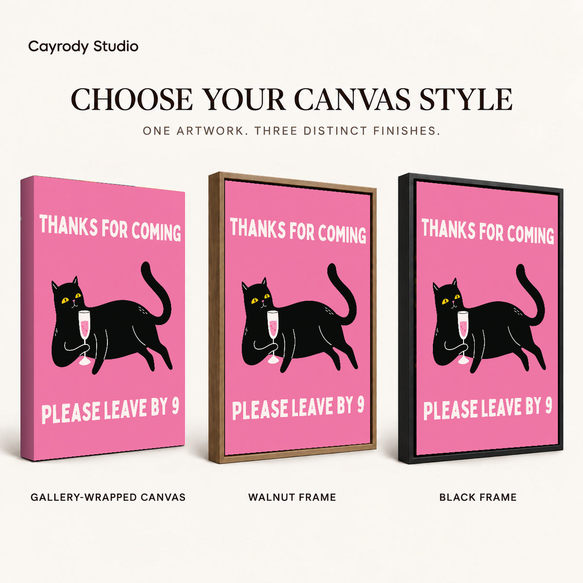 early goodbye cat canvas art compared across gallery-wrapped canvas, walnut frame, and black frame finishes.
