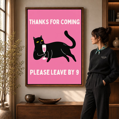 early goodbye cat canvas art shown in the walnut frame option within a warm living room.