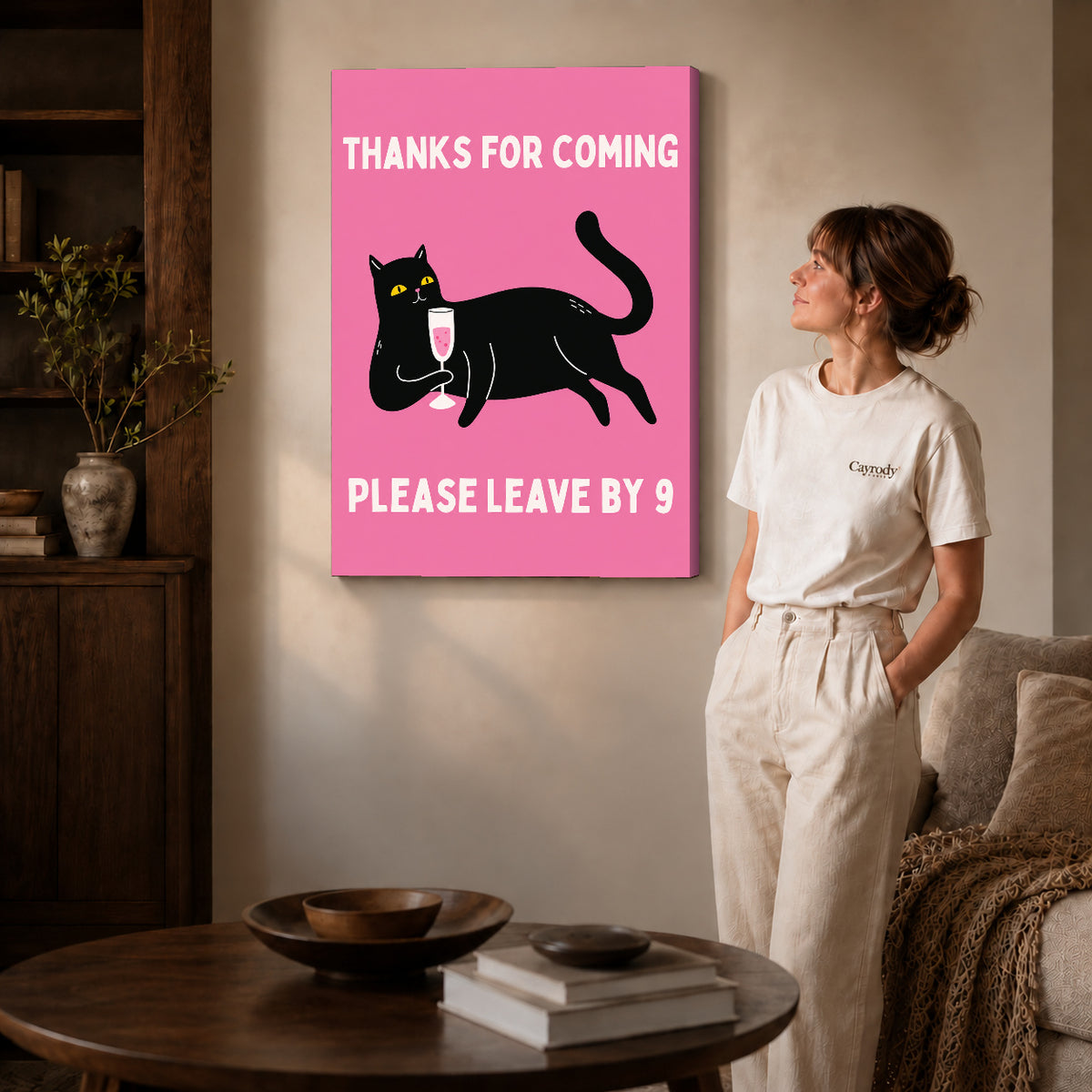 early goodbye cat canvas art shown in the gallery-wrapped option with visible depth and warm surroundings.