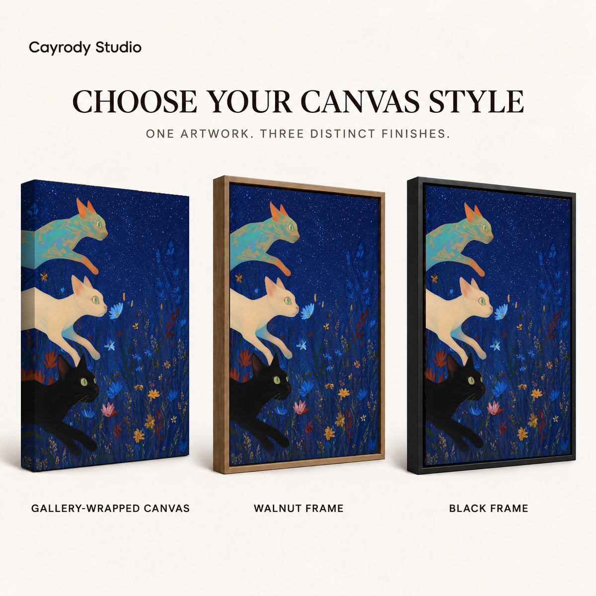 starry meadow cats canvas art compared across gallery-wrapped canvas, walnut frame, and black frame finishes.