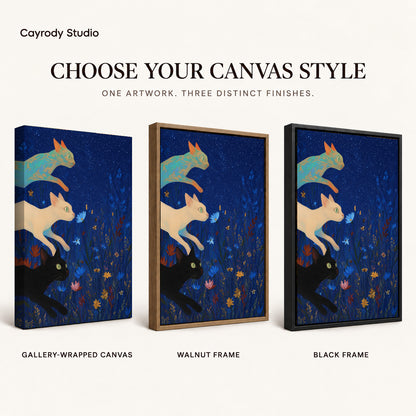 starry meadow cats canvas art compared across gallery-wrapped canvas, walnut frame, and black frame finishes.