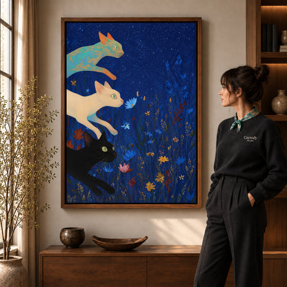 starry meadow cats canvas art shown in the walnut frame option within a warm living room.