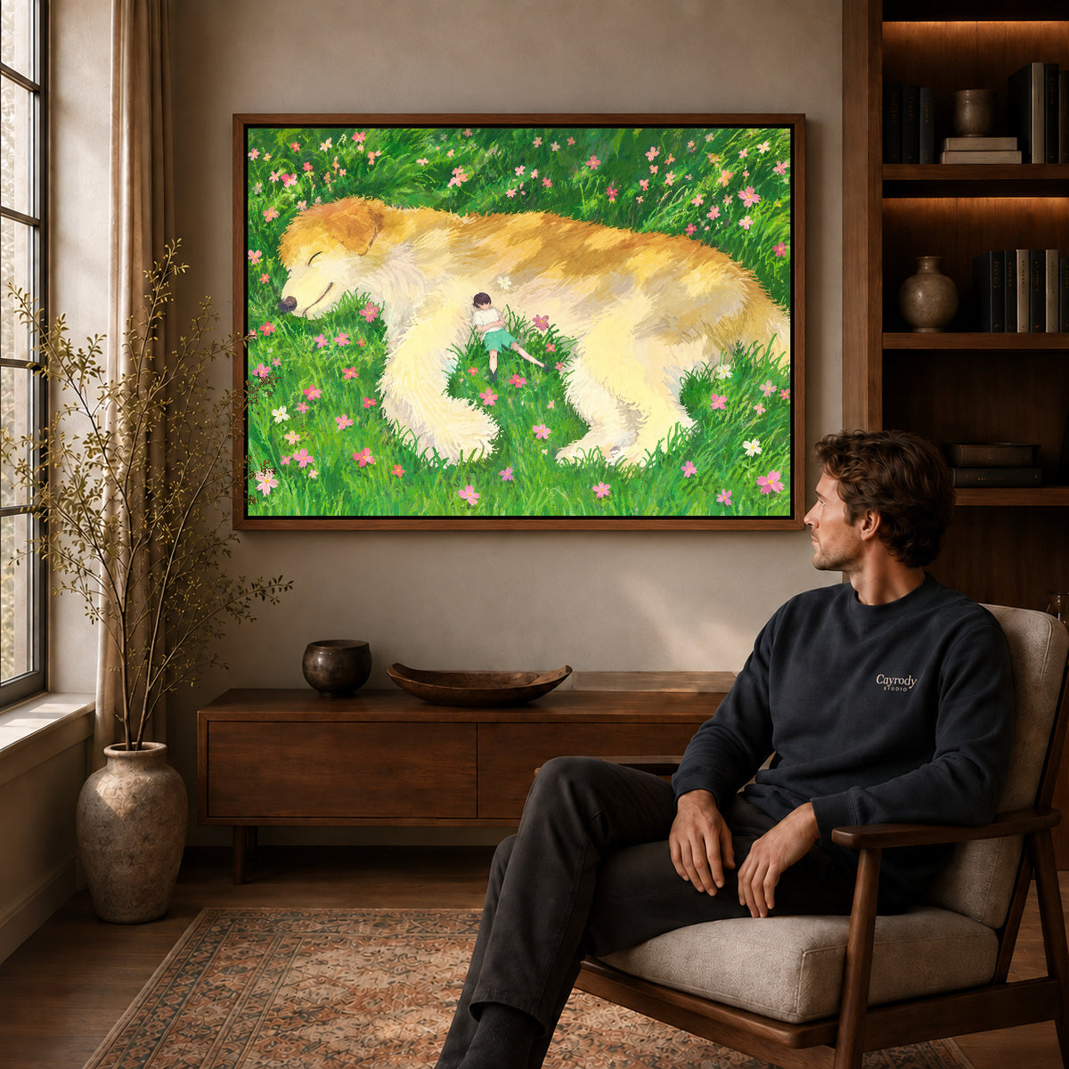 gentle meadow companion canvas art in a walnut frame above a console beside a seated man.