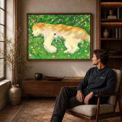 gentle meadow companion canvas art in a walnut frame above a console beside a seated man.