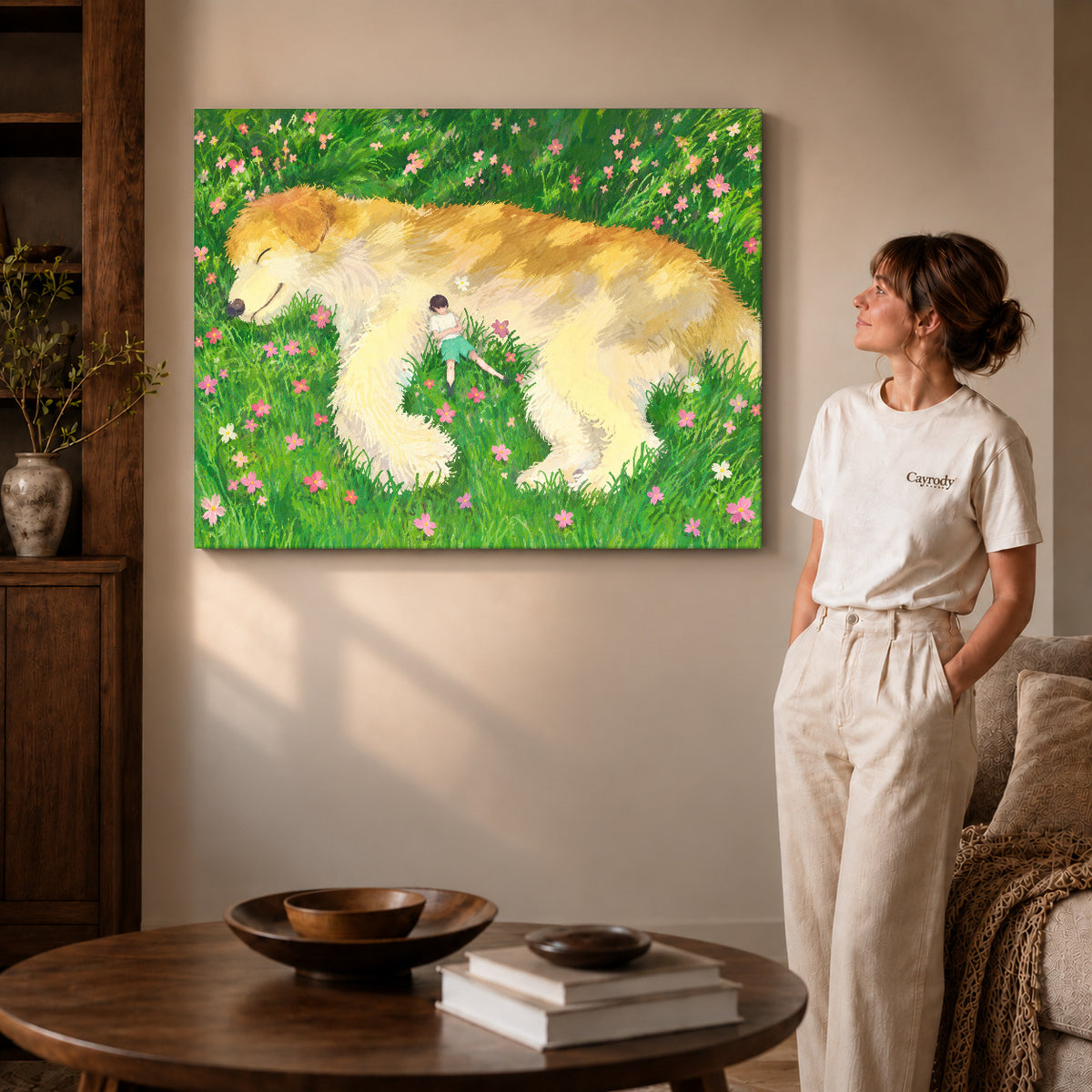 gentle meadow companion canvas art on gallery-wrapped canvas with visible edge depth beside a standing woman.