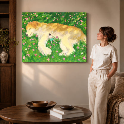 gentle meadow companion canvas art on gallery-wrapped canvas with visible edge depth beside a standing woman.