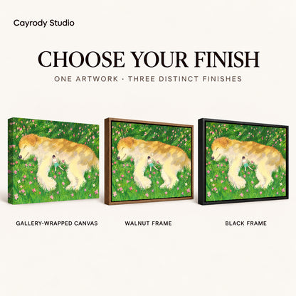 gentle meadow companion canvas art compared across gallery-wrapped canvas, walnut frame, and black frame finishes.