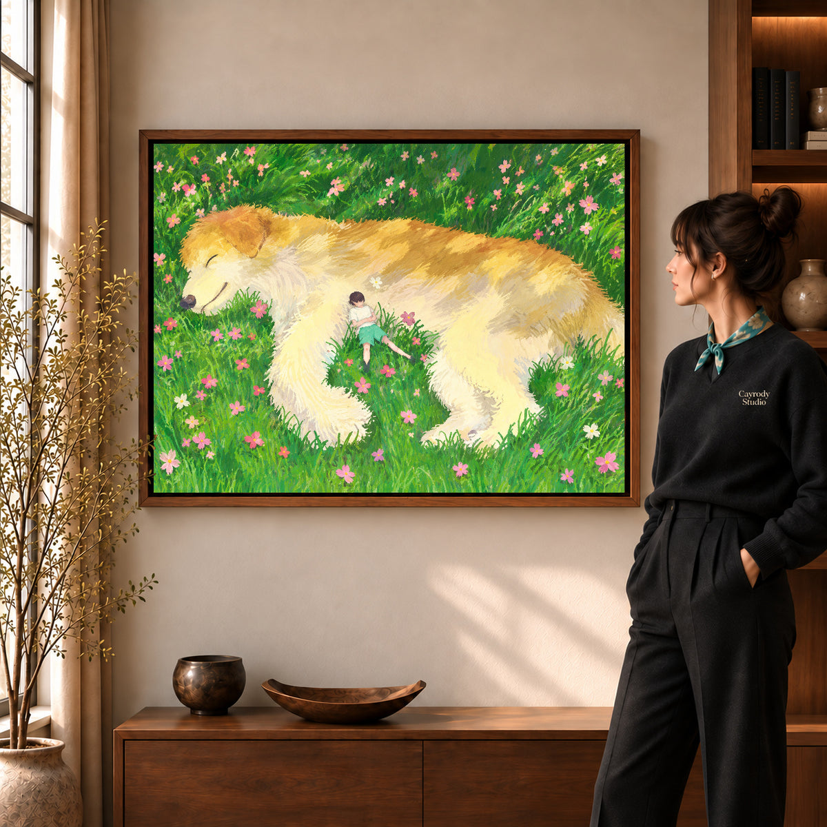 gentle meadow companion canvas art shown in the walnut frame option within a warm living room.