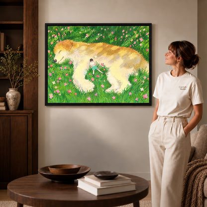 gentle meadow companion canvas art shown in the black frame option against a softly lit wall.