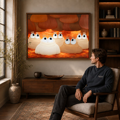 curious woodland friends canvas art in a walnut frame above a console beside a seated man.