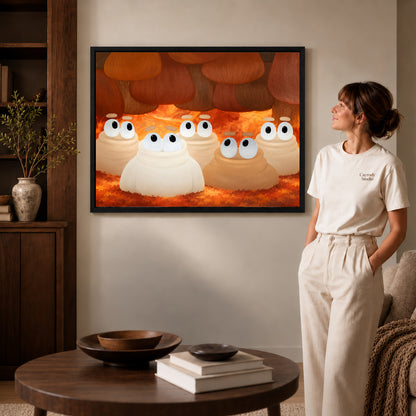 curious woodland friends canvas art in a black frame beside a woman and round wooden table.
