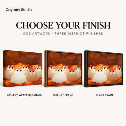 curious woodland friends canvas art compared across gallery-wrapped canvas, walnut frame, and black frame finishes.