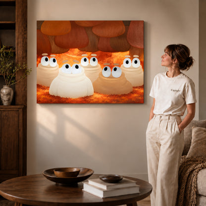 curious woodland friends canvas art shown in the gallery-wrapped option with natural side shading and warm surroundings.