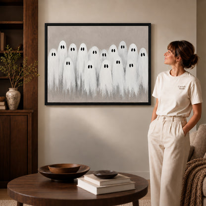 friendly ghost gathering canvas art in a black frame beside a woman and round wooden table.
