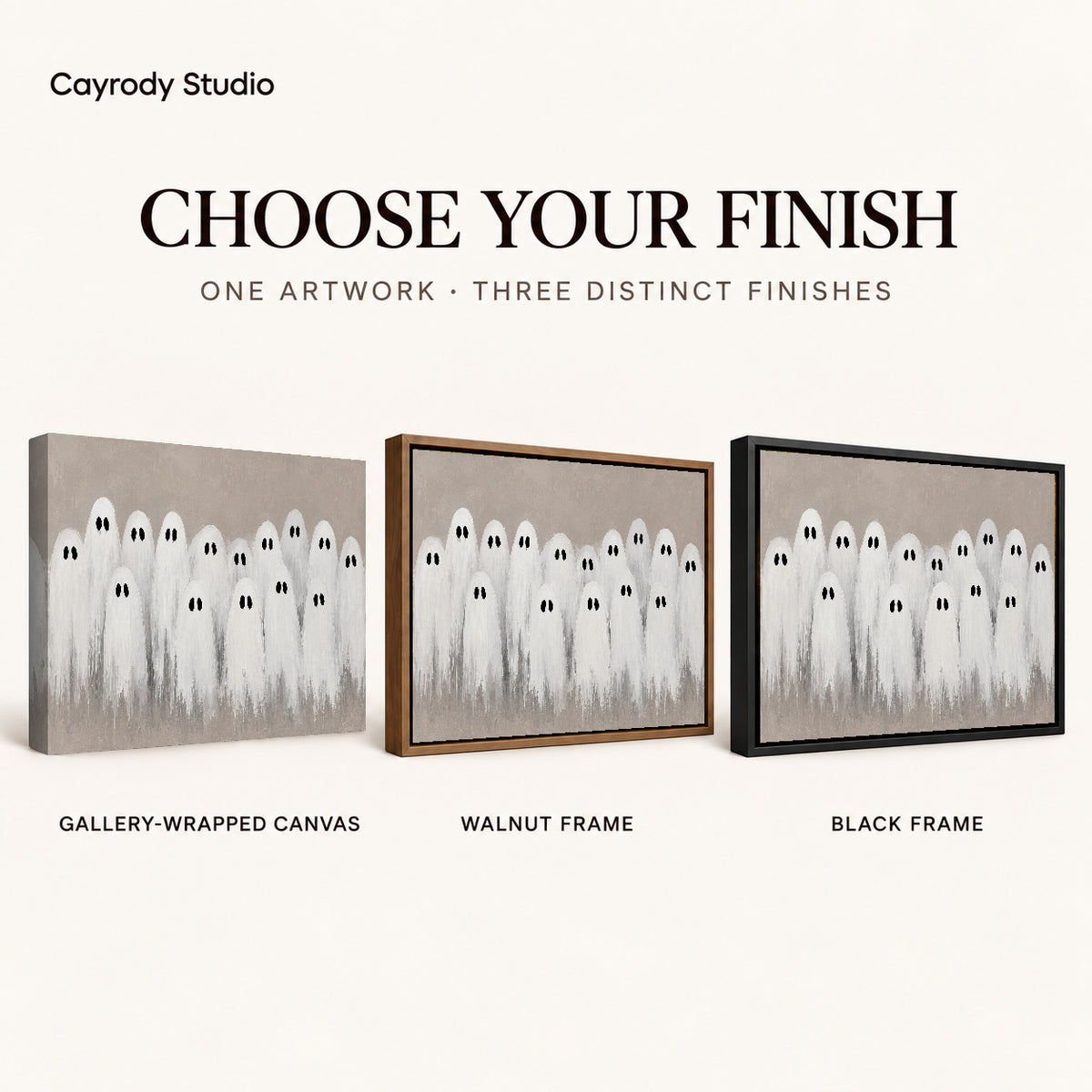 friendly ghost gathering canvas art compared across gallery-wrapped canvas, walnut frame, and black frame finishes.