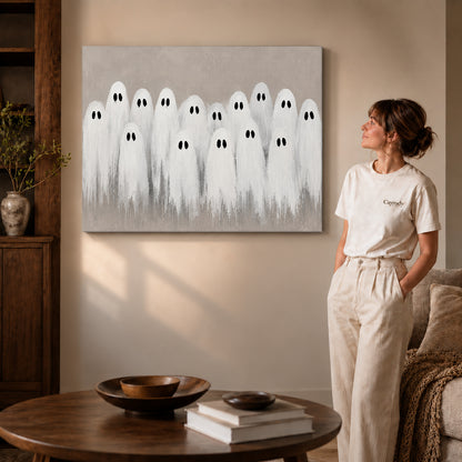friendly ghost gathering canvas art shown in the gallery-wrapped option with natural side shading and warm surroundings.