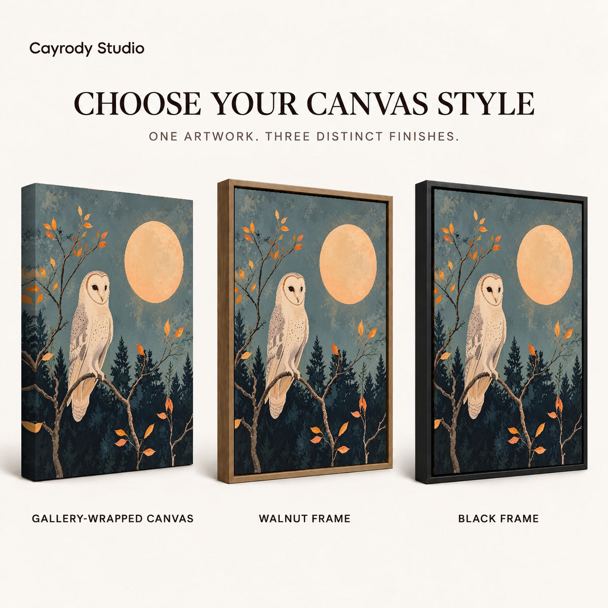 moonlit barn owl canvas art compared across gallery-wrapped canvas, walnut frame, and black frame finishes.