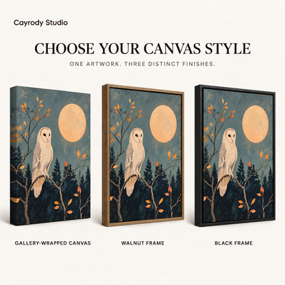 moonlit barn owl canvas art compared across gallery-wrapped canvas, walnut frame, and black frame finishes.
