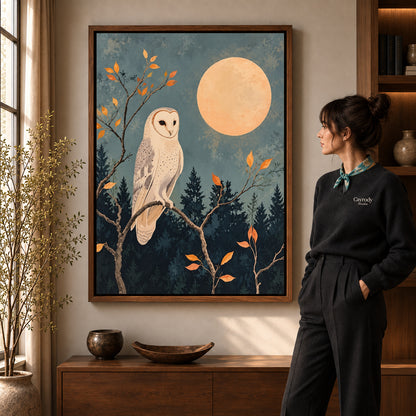 moonlit barn owl canvas art shown in the walnut frame option within a warm living room.