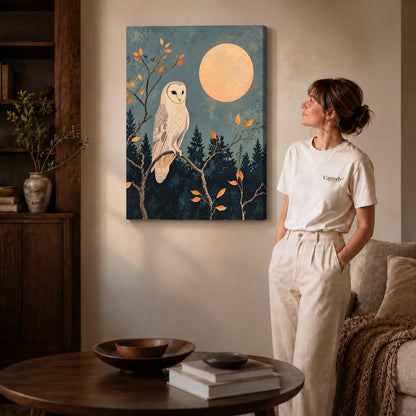 moonlit barn owl canvas art shown in the gallery-wrapped option with visible depth and warm surroundings.