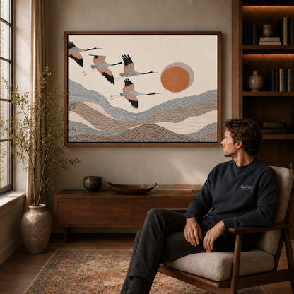 cranes mountain flight canvas art in a walnut frame above a console beside a seated man.