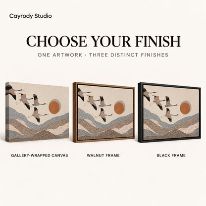 cranes mountain flight canvas art compared across gallery-wrapped canvas, walnut frame, and black frame finishes.