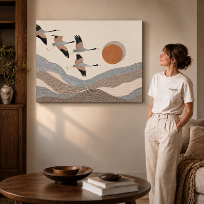 cranes mountain flight canvas art shown in the gallery-wrapped option with natural side shading and warm surroundings.