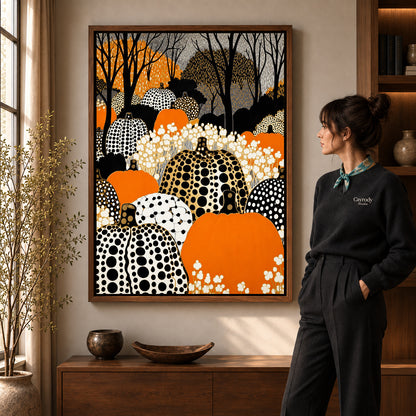 patterned pumpkin woods canvas art in a walnut frame beside a standing woman and wooden console.