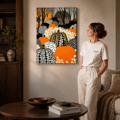 patterned pumpkin woods canvas art on gallery-wrapped canvas with natural edge shading beside a standing woman.
