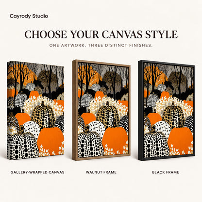 patterned pumpkin woods canvas art compared across gallery-wrapped canvas, walnut frame, and black frame finishes.