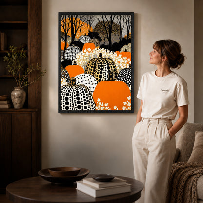 patterned pumpkin woods canvas art shown in the black frame option against a softly lit wall.