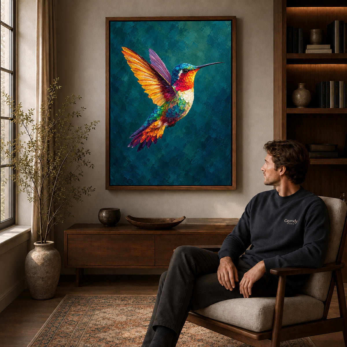 jewel wing hummingbird canvas art in a walnut frame above a console beside a seated man.
