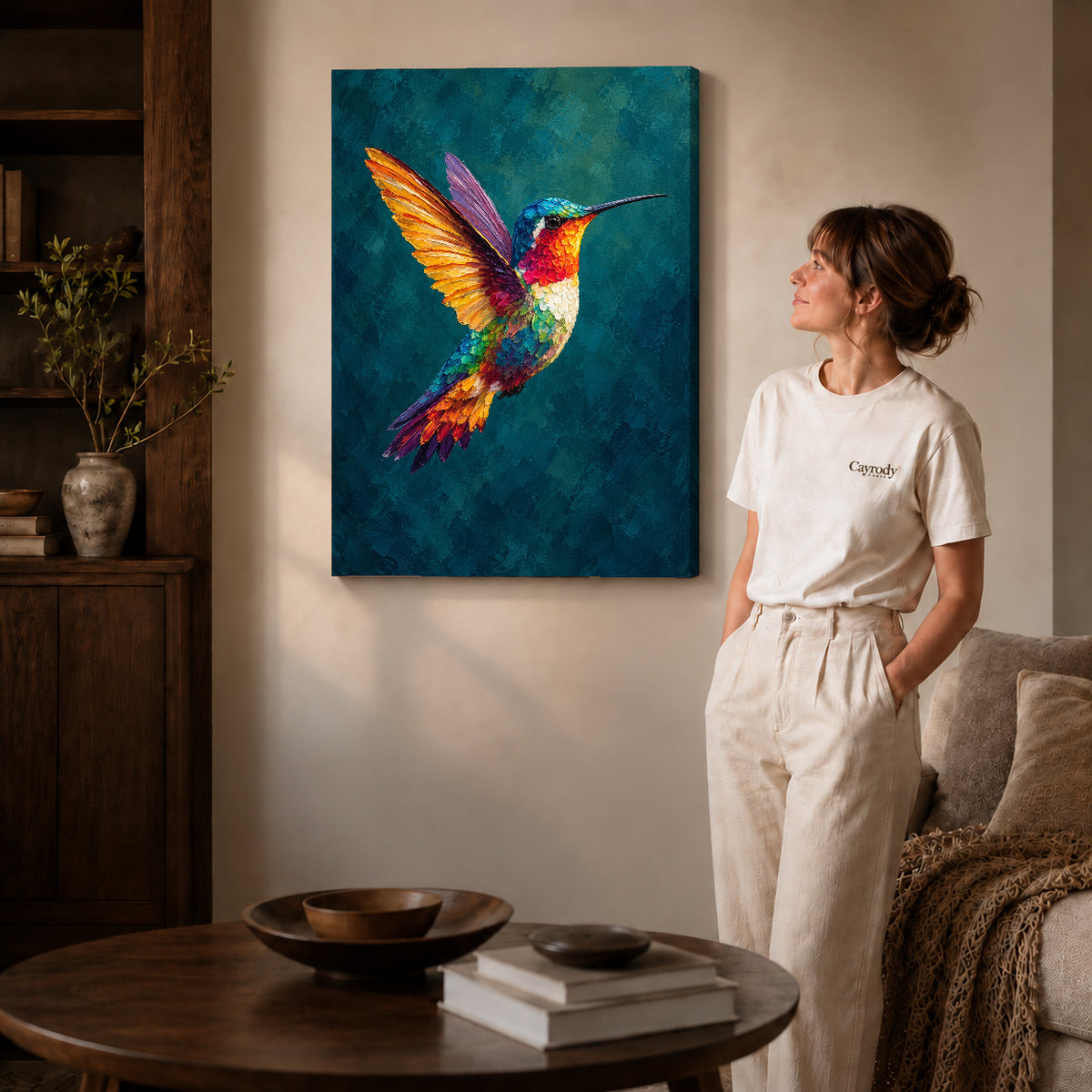 jewel wing hummingbird canvas art on gallery-wrapped canvas with natural edge shading beside a standing woman.