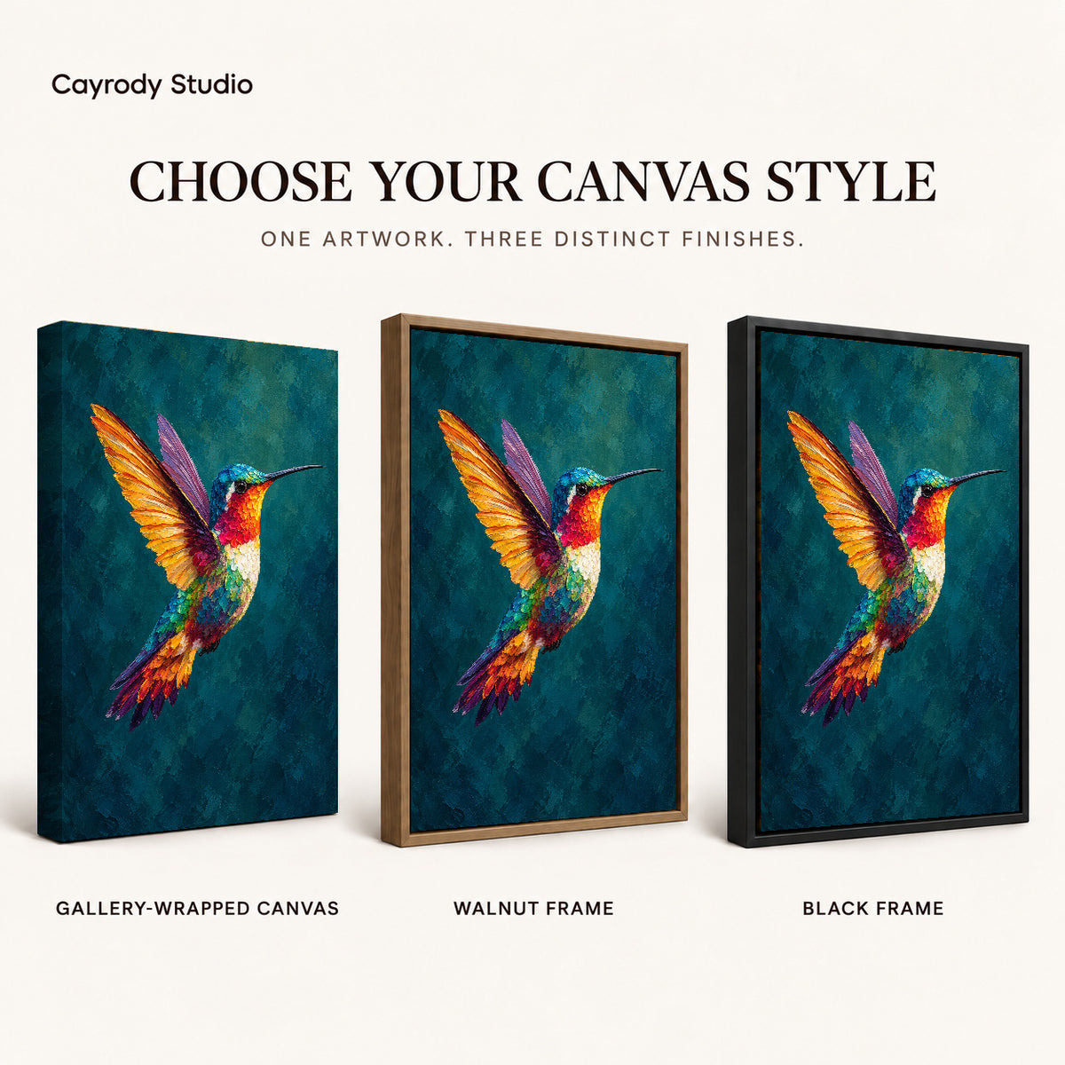 jewel wing hummingbird canvas art compared across gallery-wrapped canvas, walnut frame, and black frame finishes.