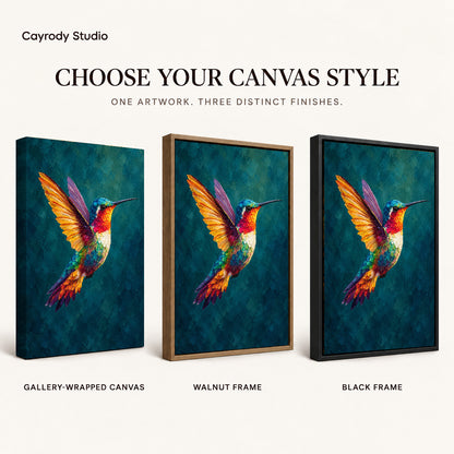 jewel wing hummingbird canvas art compared across gallery-wrapped canvas, walnut frame, and black frame finishes.