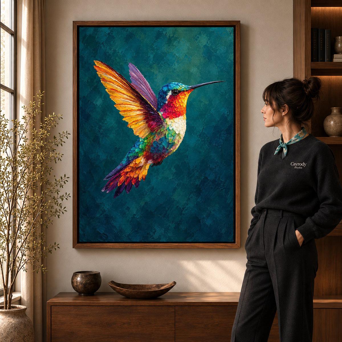 jewel wing hummingbird canvas art shown in the walnut frame option within a warm living room.
