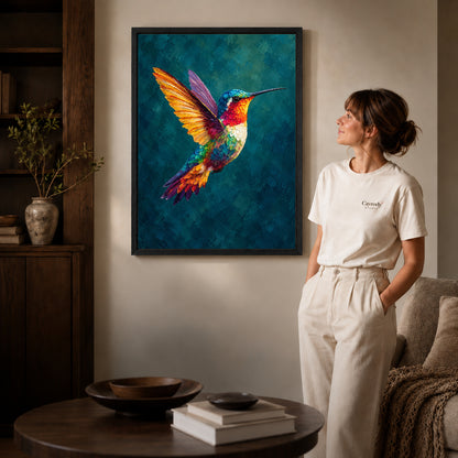 jewel wing hummingbird canvas art shown in the black frame option against a softly lit wall.