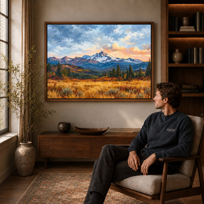 golden mountain meadow canvas art in a walnut frame above a console beside a seated man.