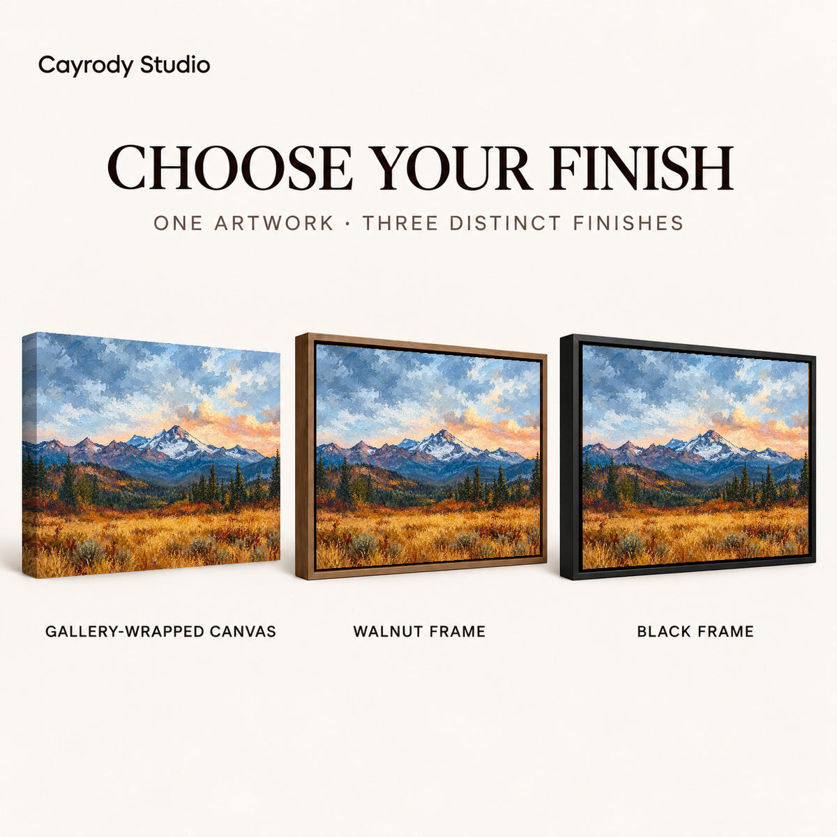 golden mountain meadow canvas art compared across gallery-wrapped canvas, walnut frame, and black frame finishes.